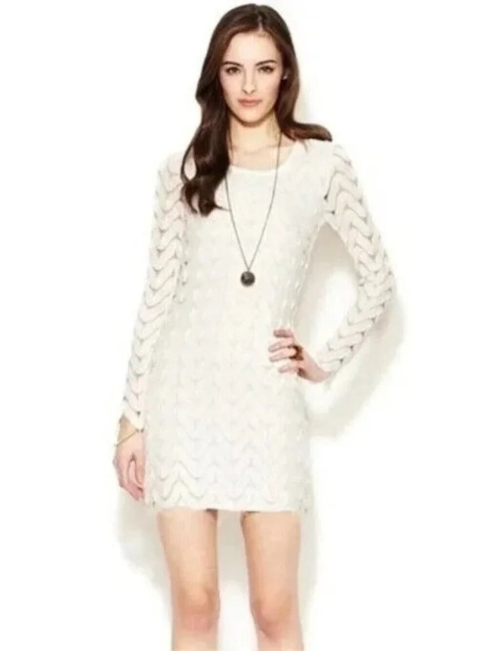 Free People Wild Thing Dress Sz M White Chevron Pattern Open Back Crochet L/S